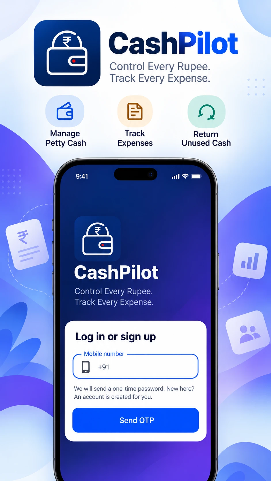 CashPilot login screen: enter a mobile number to get a one-time password